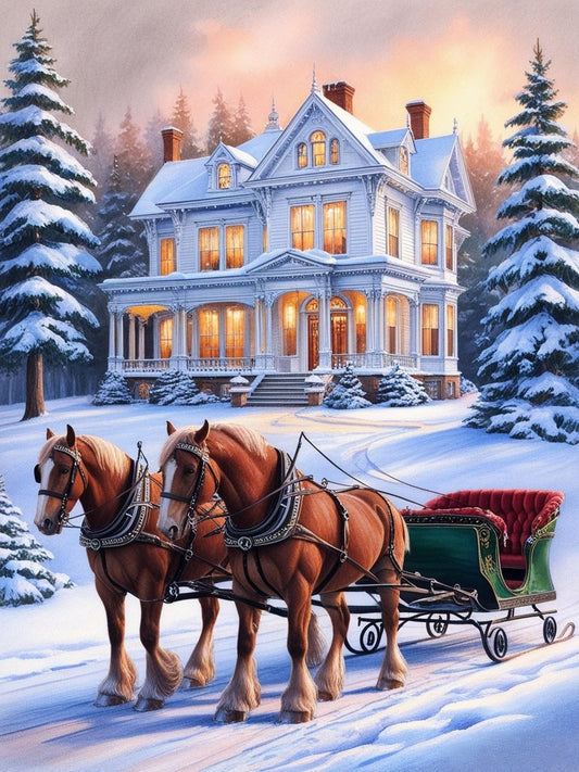 Paint by Number Snowy Elegance: A Sleigh Ride Past the Manor