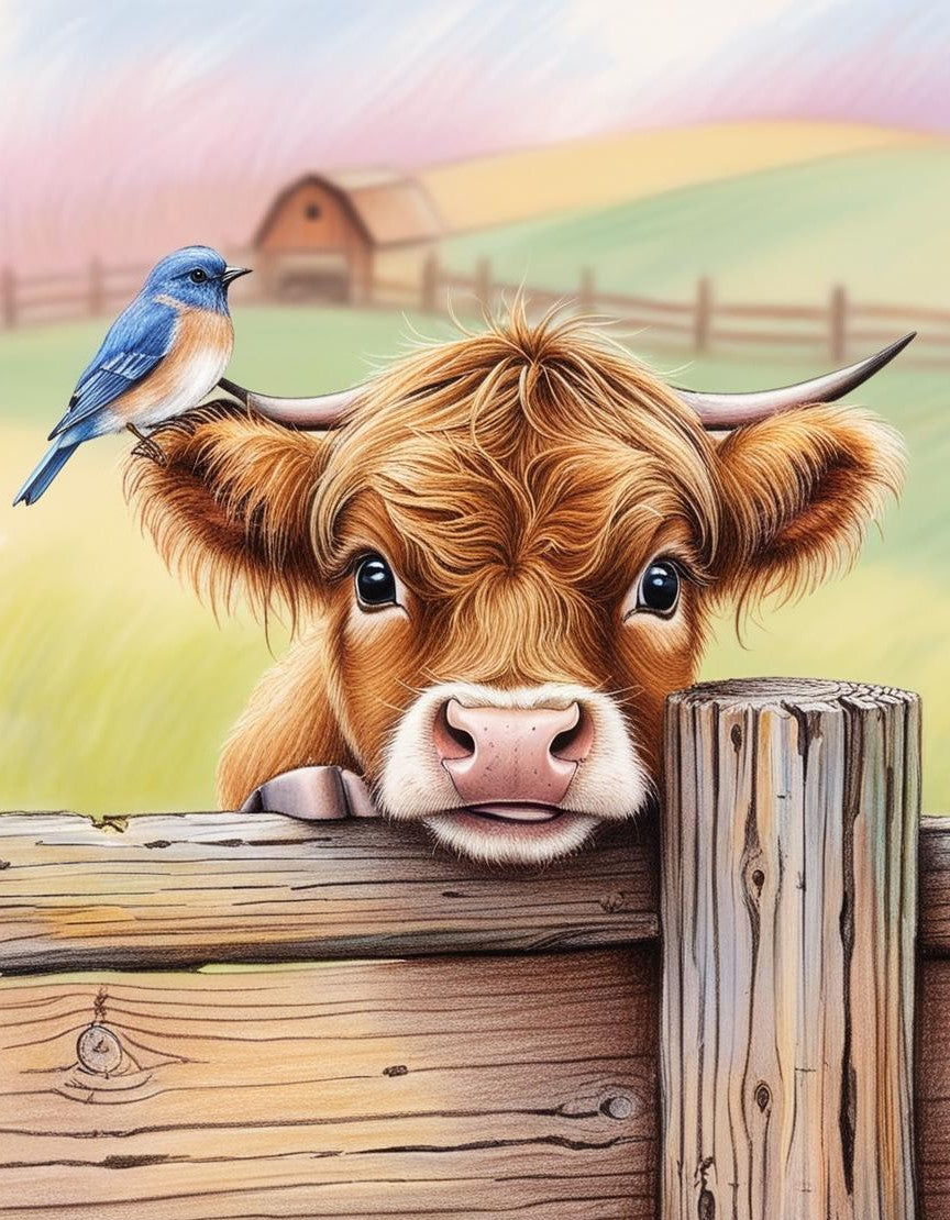 Paint by Number Fence-Side Friends - Baby Highland Cow & Bird Moment