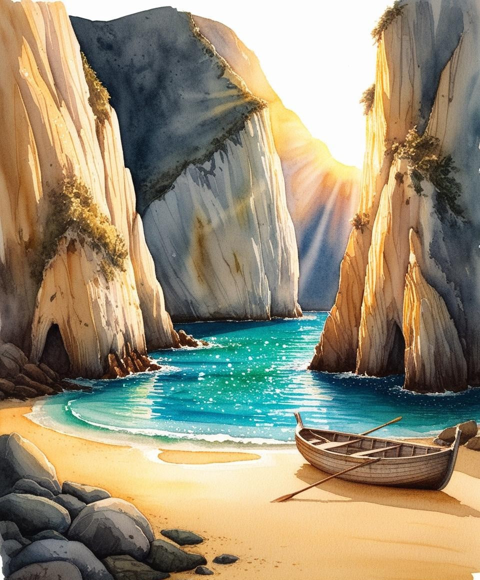 Artist Num Paint by Number Coastal Cove with Cliffs Beach and Boat Floating on Oc ...