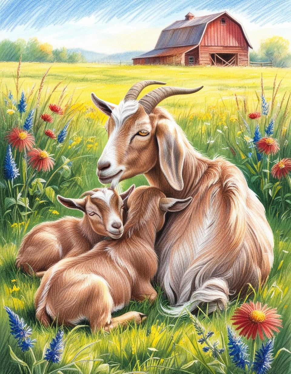 Artist Num Paint by Number Goat Mom with Kids in Open Field – Rustic Paint by Num ...