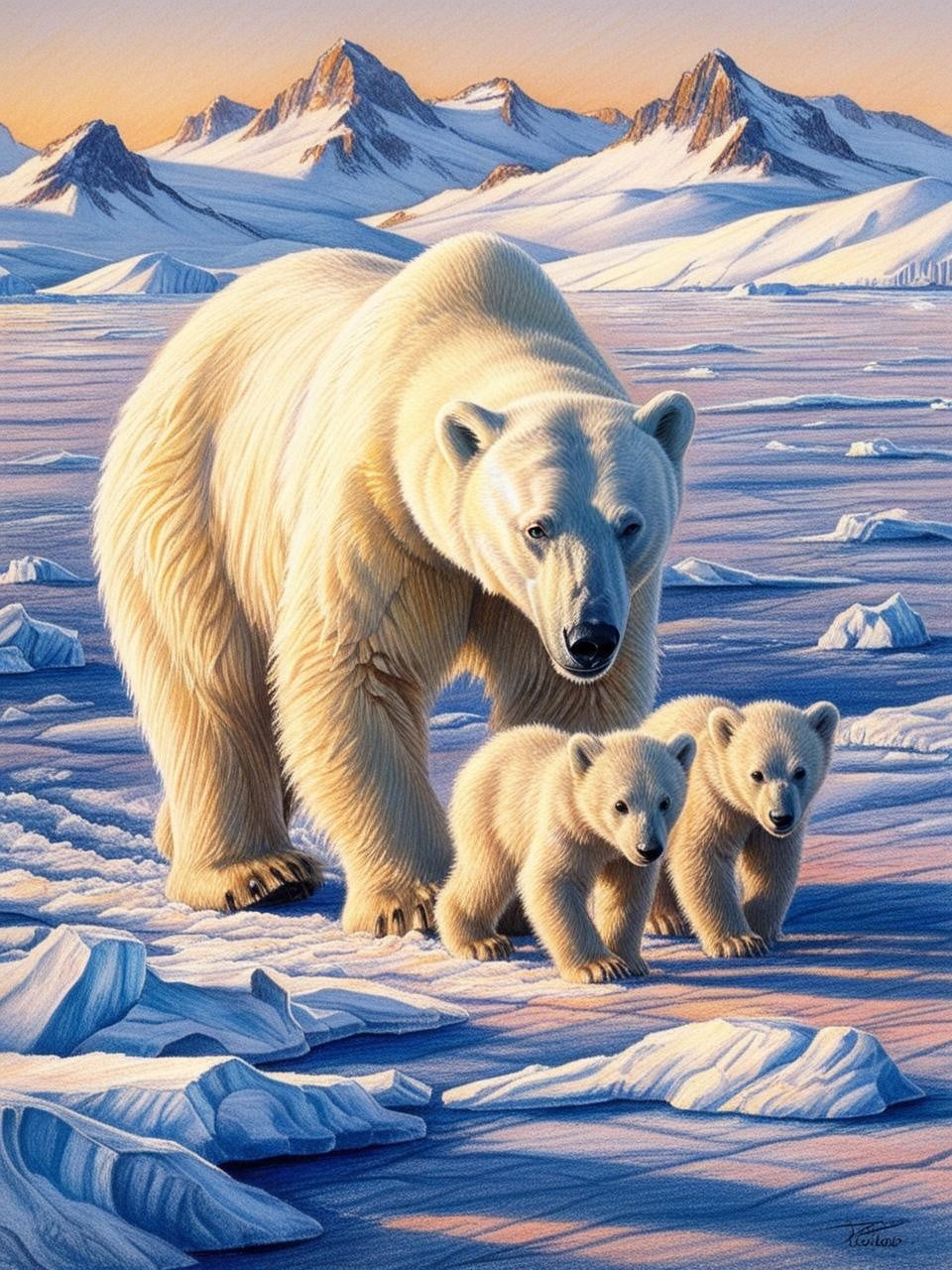 Paint By Number Protective Polar Bear Mom and Cubs