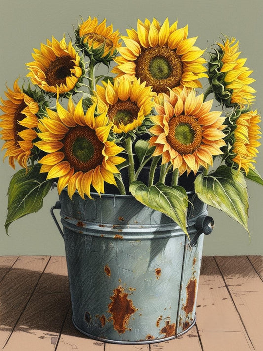 Paint by Number Charming Sunflowers in a Classic Tin Bucket