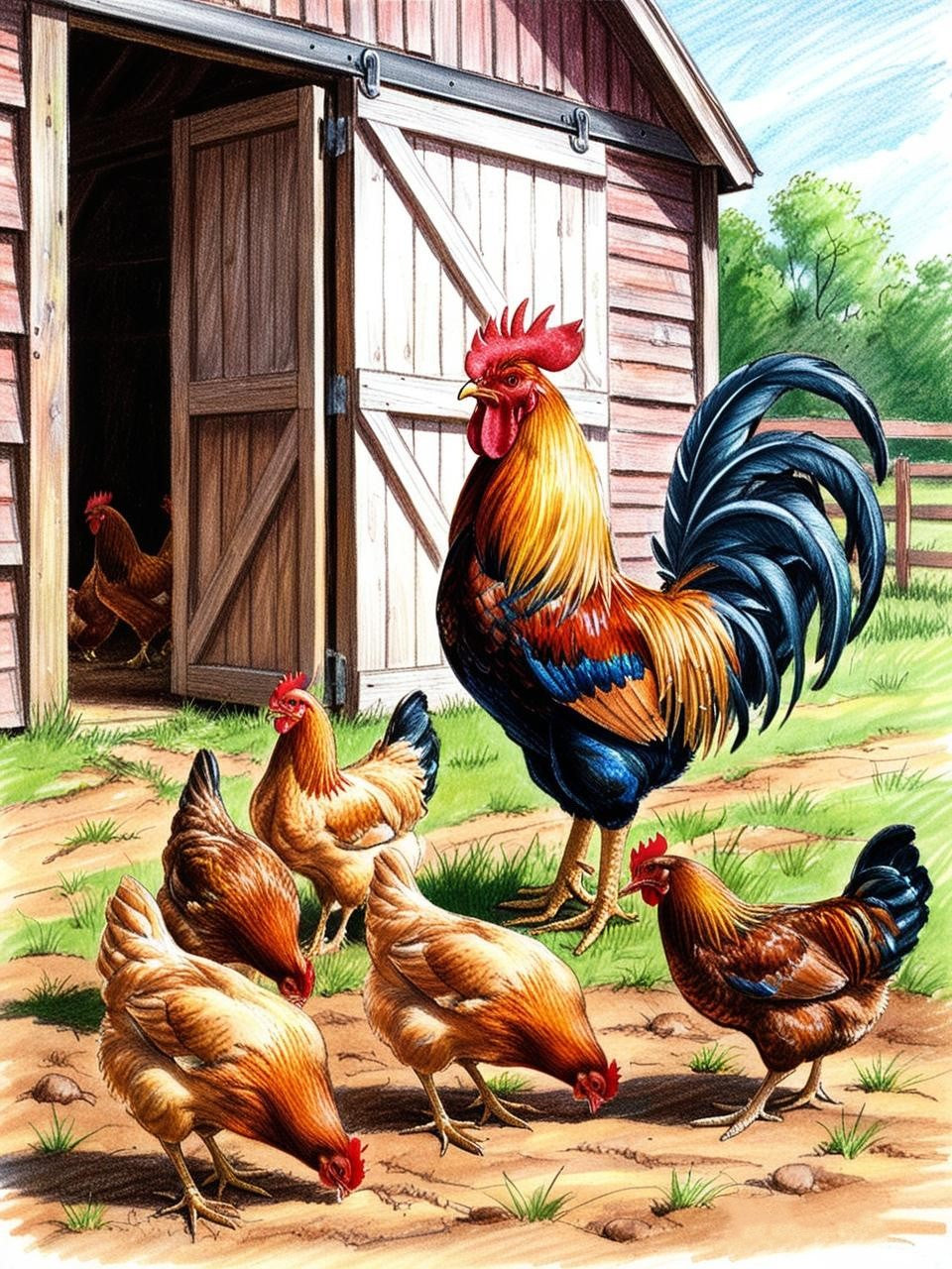 Paint by Number Rooster and Hens in the Barnyard