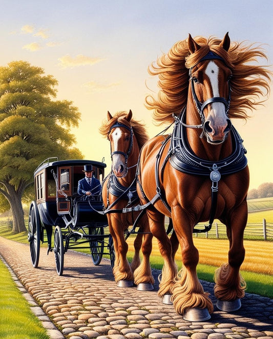 Paint by Number Clydesdales Pulling a Rustic Carriage