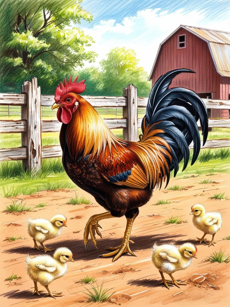 Paint by Number Caring Rooster  and Baby Chicks