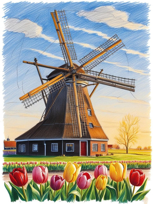 Paint By Number Springtime Windmill and Tulip Scene