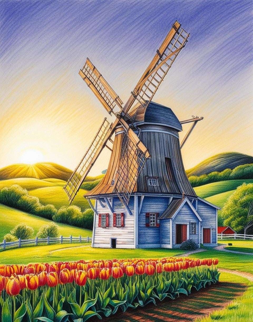 Paint By Number Charming Windmill with Tulip Garden