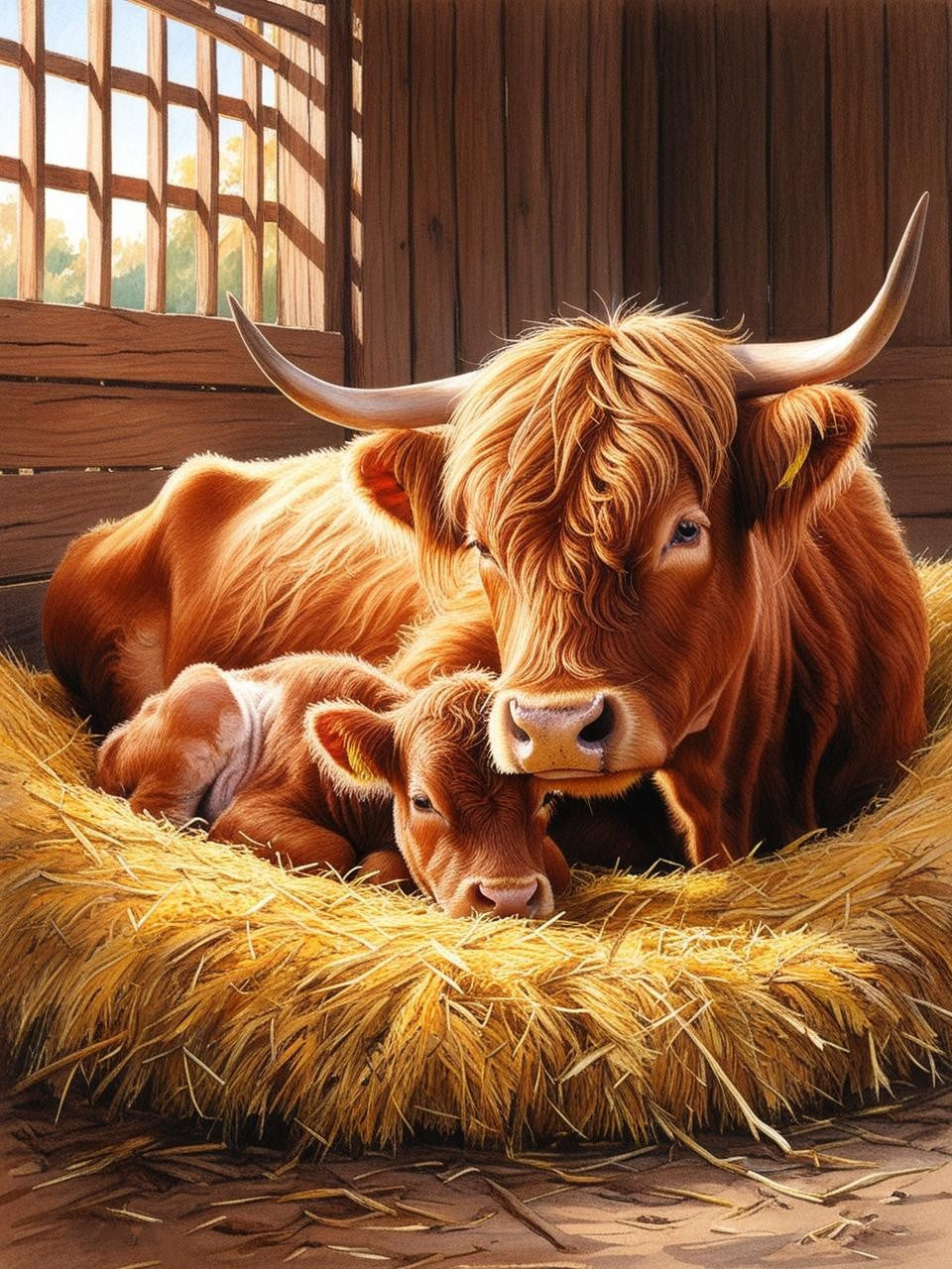 Paint by Number Shaggy Snuggles - Highland Cow Calf with Mama