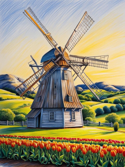 Paint By Number Vibrant Tulip Fields and Windmills