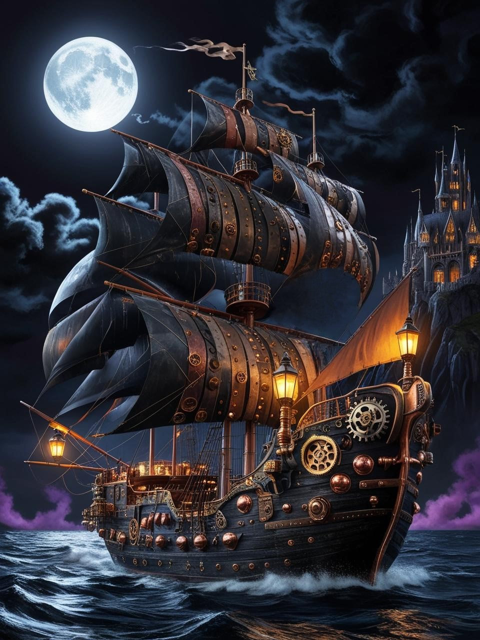 Paint by Number Steampunk Pirate Ship Sailing Beneath a Giant Moon