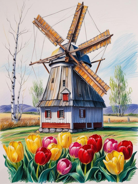 Paint By Number Scenic Windmill with Tulip View