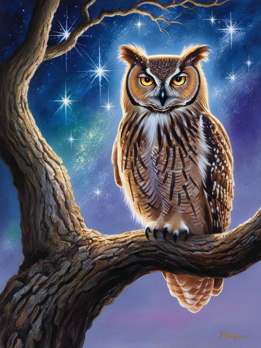 Paint By Number Wise Owl Under a Starlit Sky