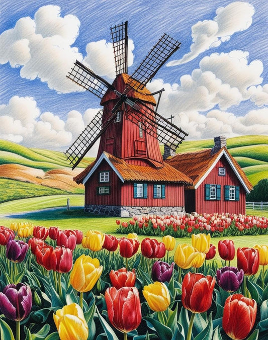 Paint By Number Beautiful Windmill and Tulip Vibes