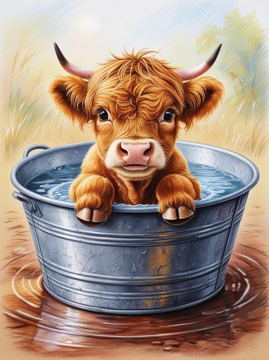 Adorable Tub Time  - Baby Highland Cow in a Wash Basin Paint by Number