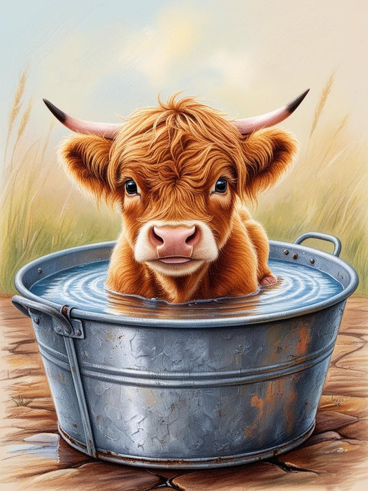 Paint by Number Splish Splash - Adorable Highland Cow Calf Bath Time