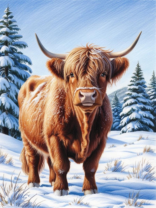 Paint by Number Fluffy & Frosted - Highland Cow in Snowy Bliss