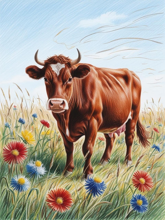 Paint by Number Country Cow in the Flower Meadow