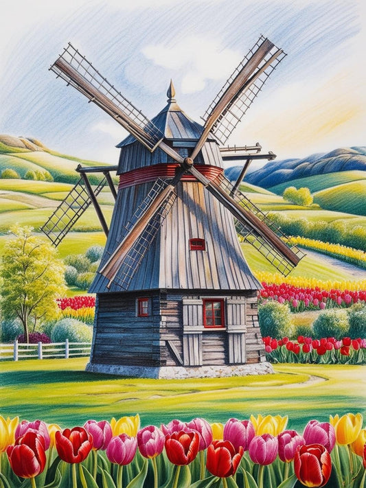 Paint By Number Rustic Windmill and Tulip Oasis