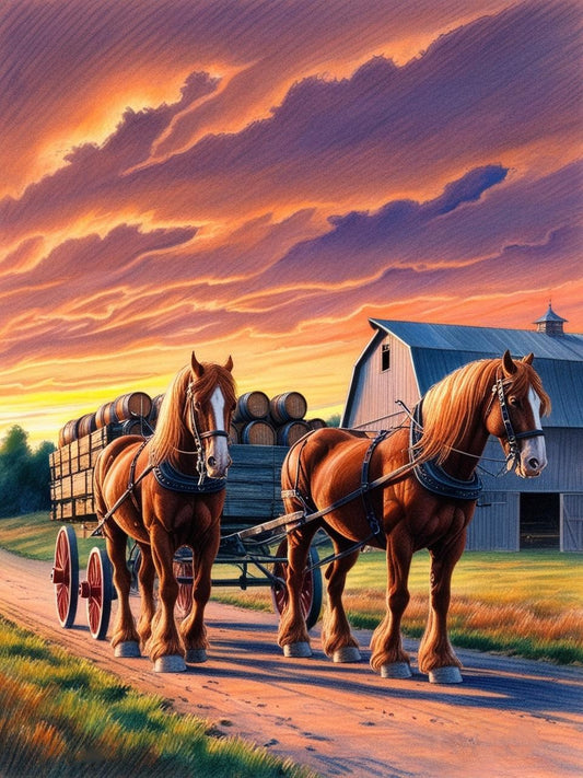 Paint by Number Clydesdales and Carriage by the Farm