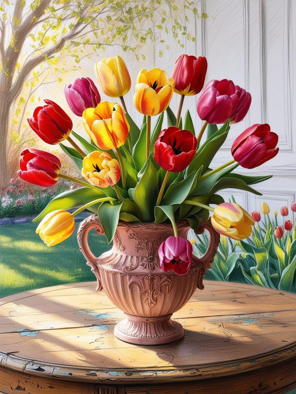 Paint by Number Vibrant Purple Tulips in Artistic Terracotta Vase