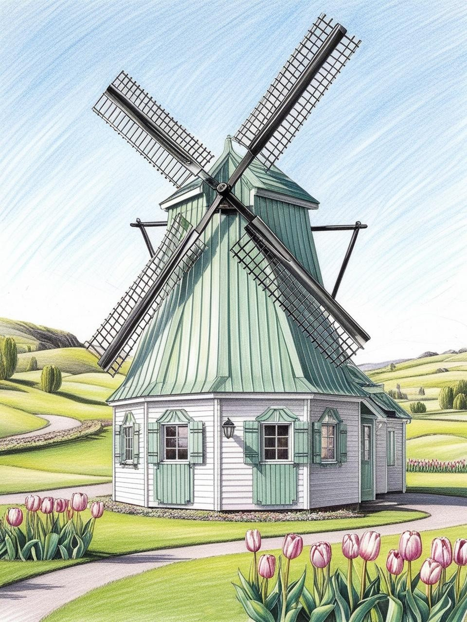 Paint By Number Tranquil Tulip Garden and Windmill