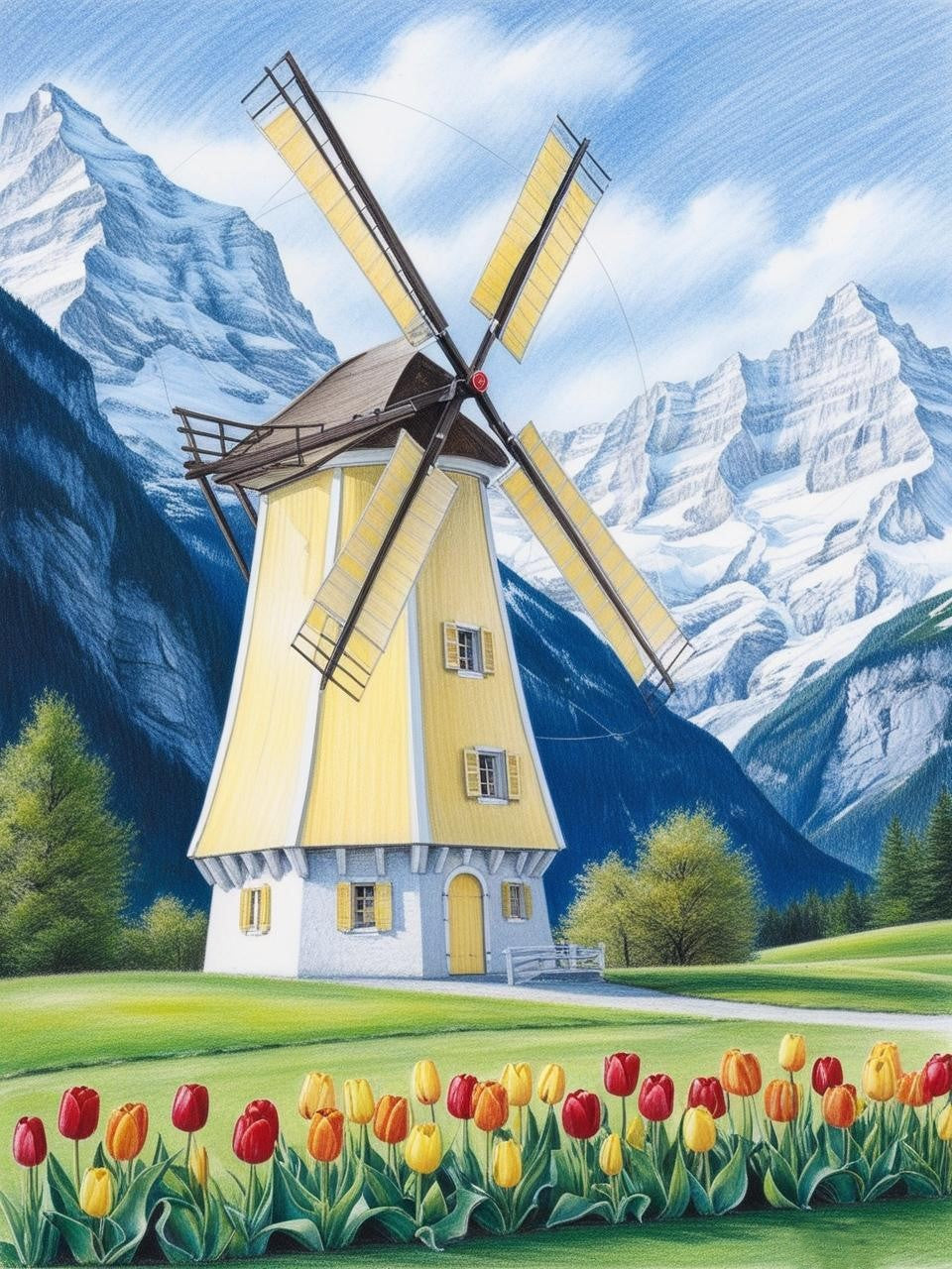 Paint By Number Peaceful Windmill and Tulip Beauty