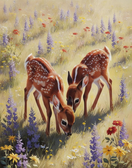 Paint By Number Serene Woodland Meadow with Grazing Fawns