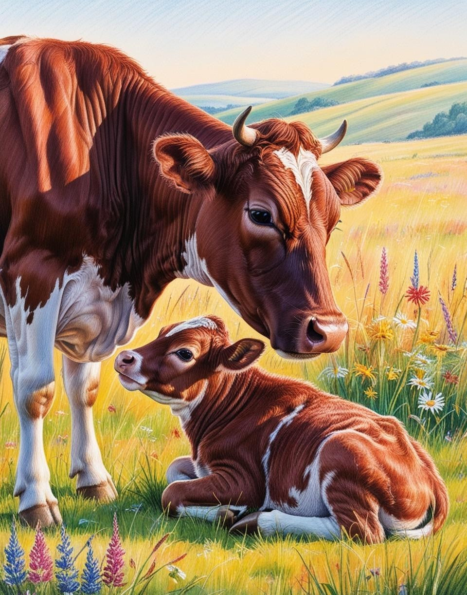 Paint by Number Barnyard Mother Cow and Calf