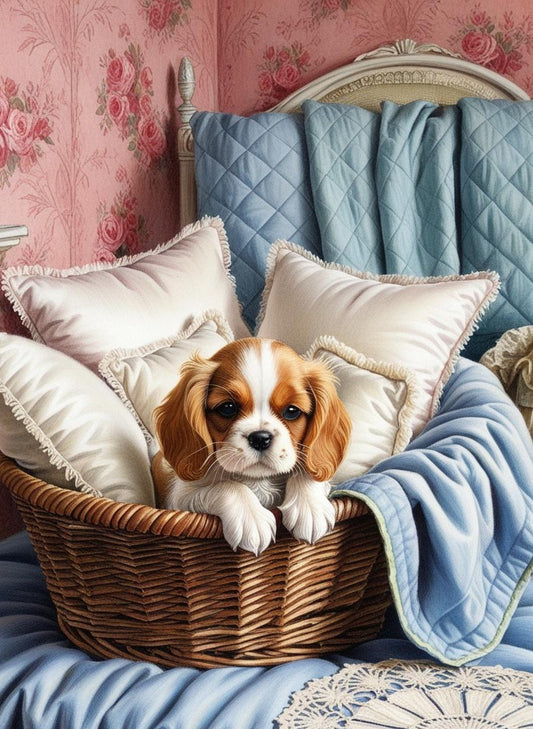 Paint by Number Snuggled Up: Cavalier King Charles in a Basket