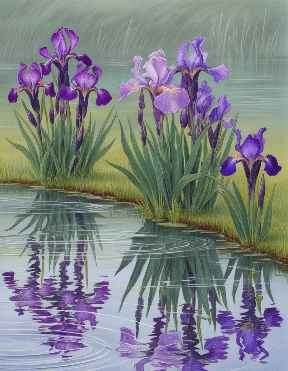 Paint by Number Calm Waters and Purple Irises in Bloom