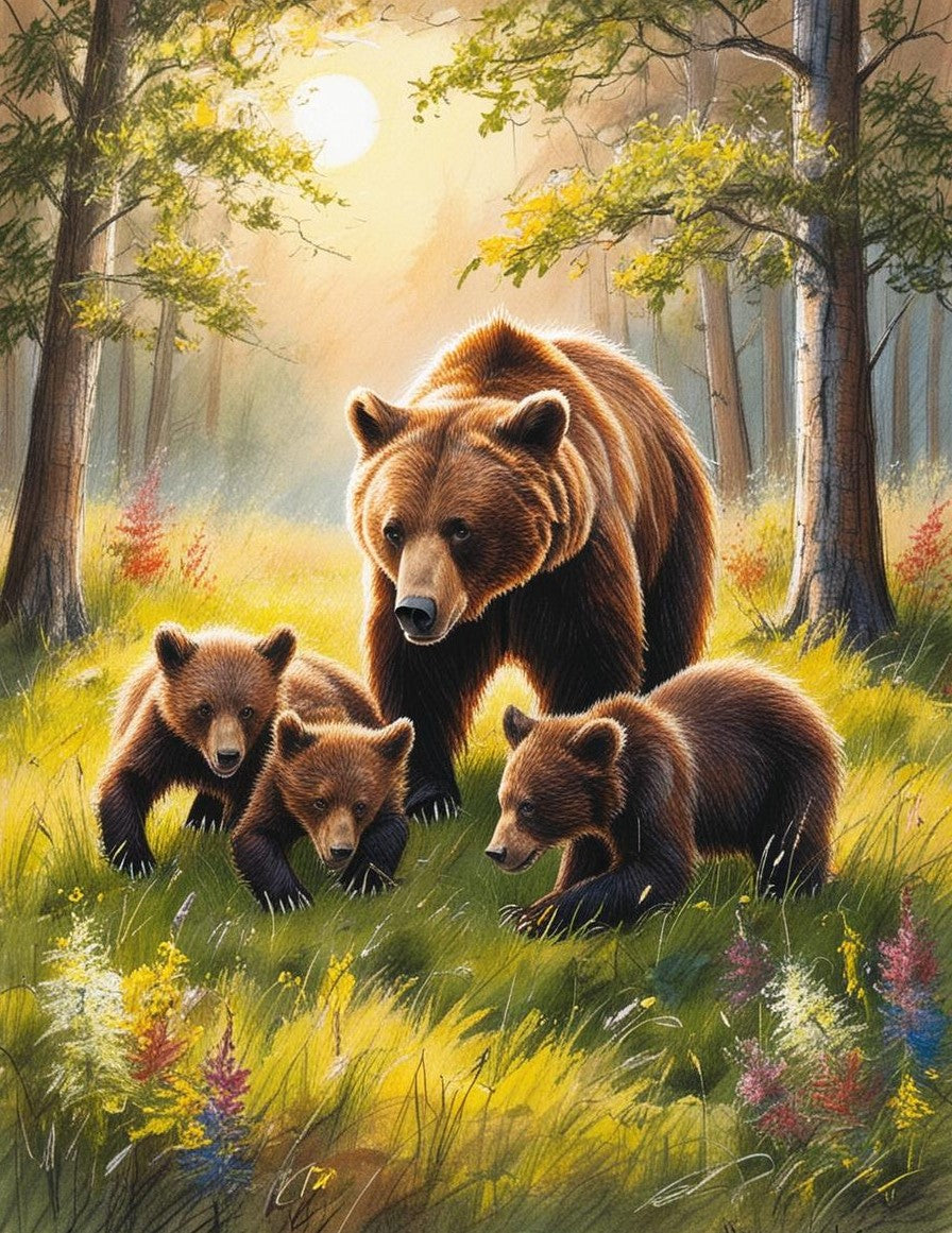 Paint By Number Gentle Giant: Bear with Cubs in a Peaceful Forest