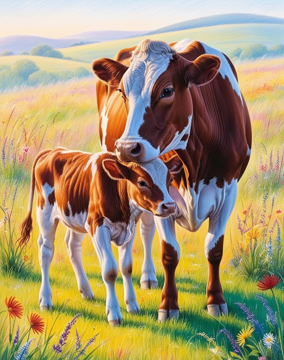 Paint by Number Cow and Calf in the Field