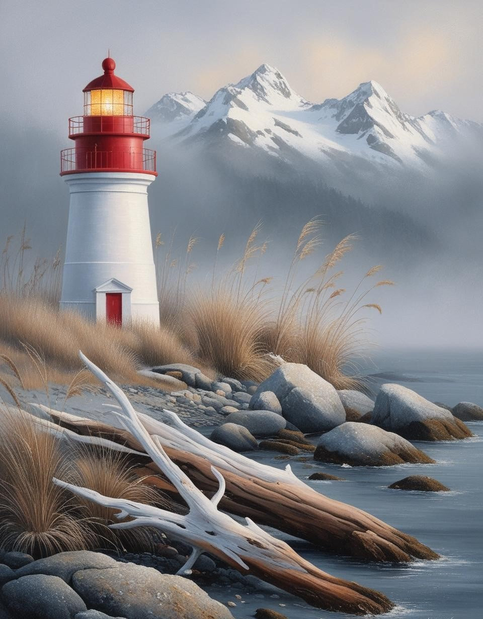 Artist Num Paint by Number Lighthouse on Rocky Shore with Mountain Backdrop – Pai ...
