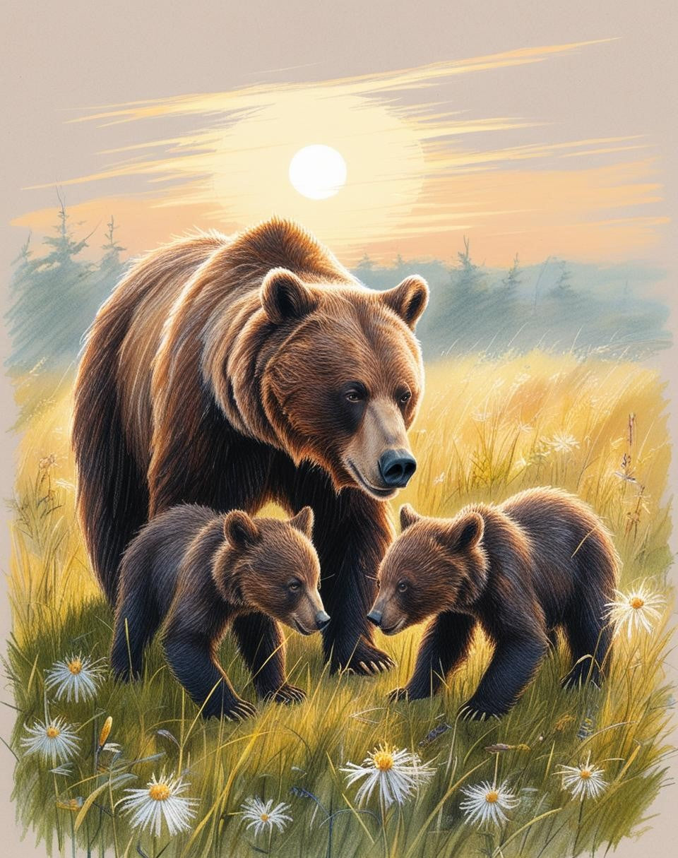 Paint By Number Evening Calm - Bear Cubs Among Meadow Wildflowers