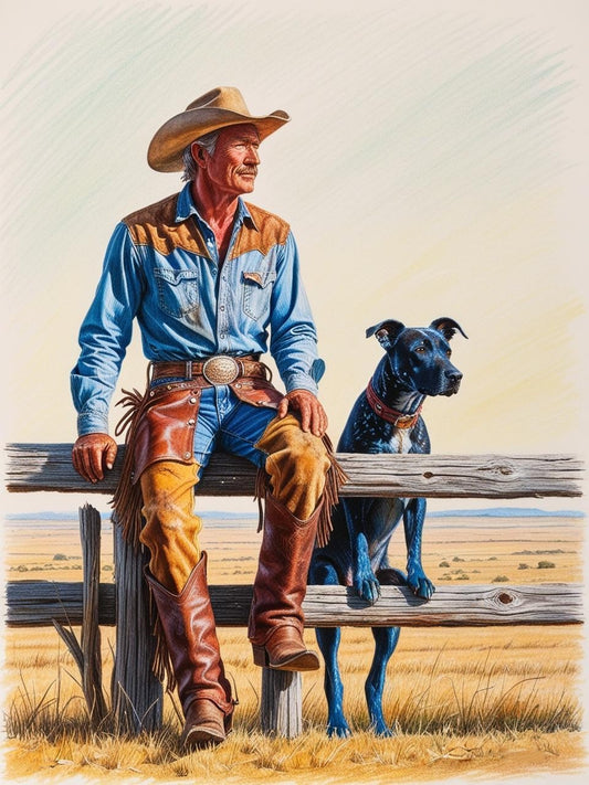 Paint by Number Gazing Across the Land: Cowboy and Blue Heeler