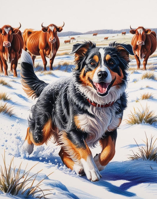 Paint by Number Snowy Adventures: Australian Shepherd and Cattle