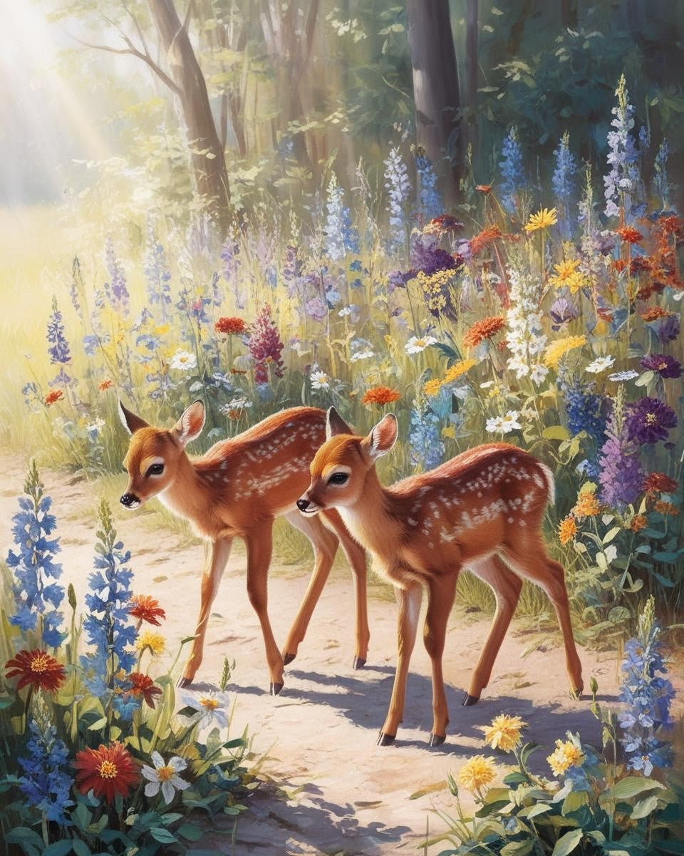 Paint By Number Deer Fawns in Sunbeam Light