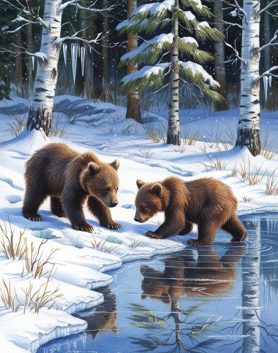 Paint By Number Winter Adventure - Bear Cubs by a Frozen Pond