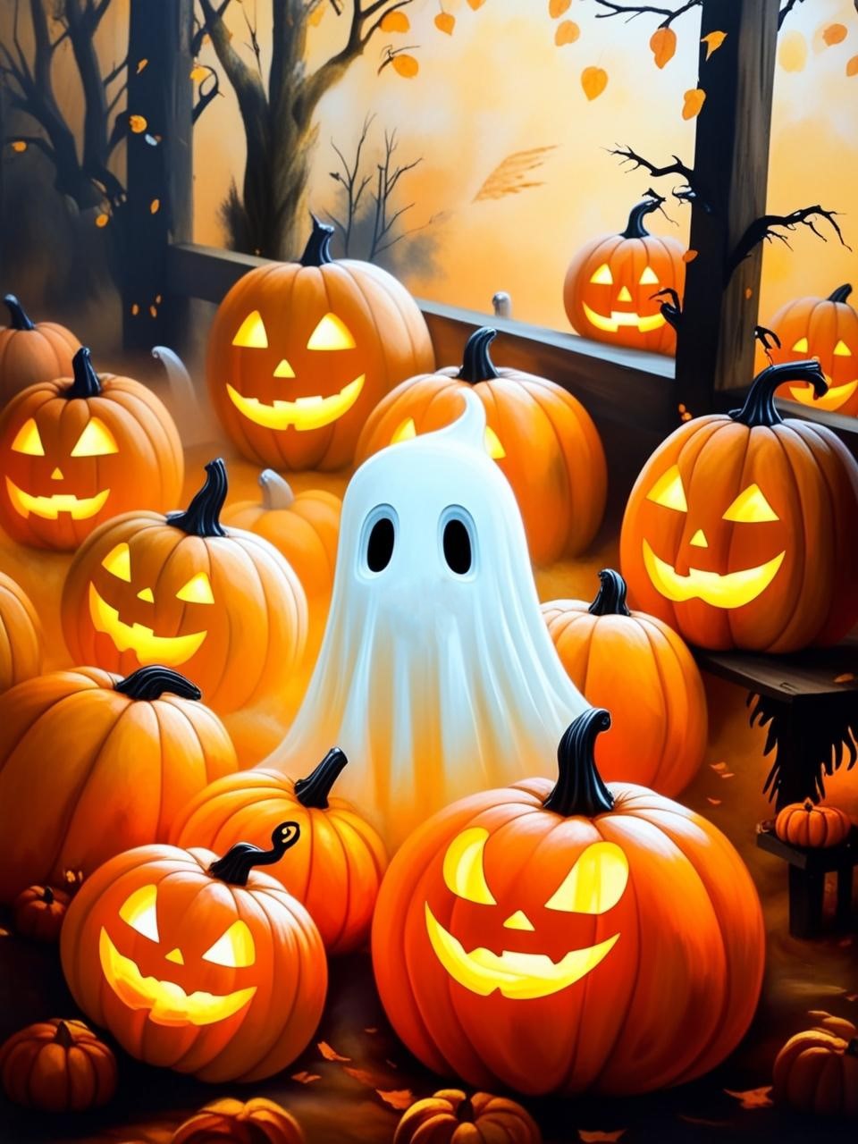 Paint by Number Cute Ghost with Pumpkins