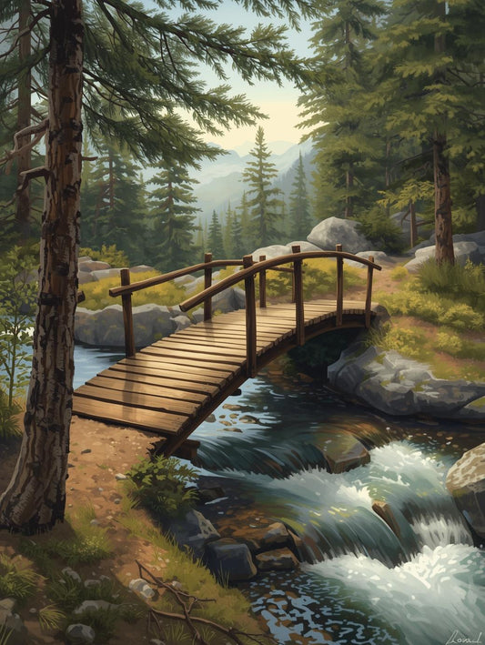 Paint by Number Wooden Bridge Over Mountain Stream - Paint by Number Kit for Adults