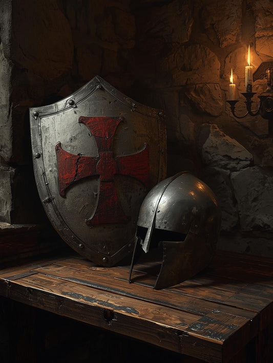 Paint by Number Crusader Shield and Knight Helmet in Candlelit Stone Chamber – Paint by Number for Adults