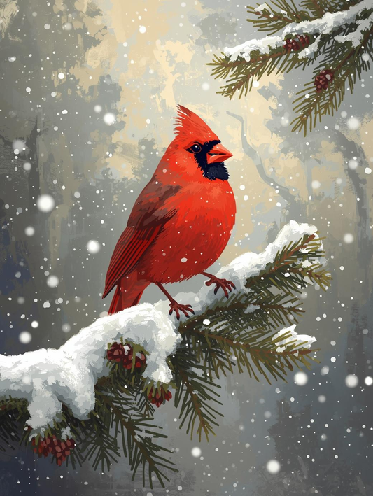 Paint by Number Cardinal on Snowy Fence Post – Winter Wildlife Acrylic Paint by Number Kit