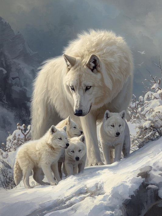 Paint by Number Arctic Wolf Family in Mountain Snow - Acrylic Paint by Number Kit