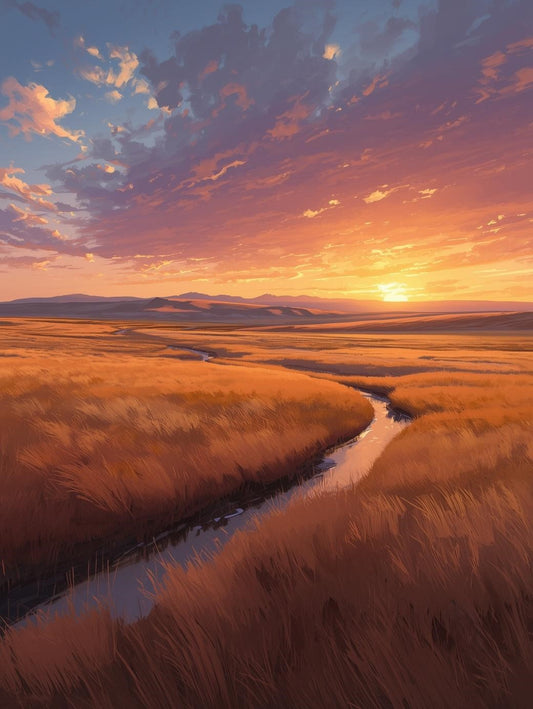 Paint by Number Sunset Prairie River Through Golden Fields - Acrylic Paint by Number Kit