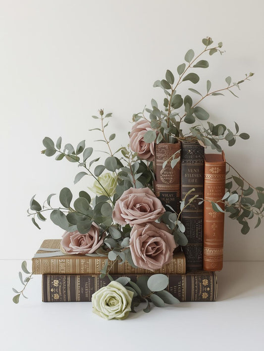 Paint by Number Vintage Books with Eucalyptus and Rose Arrangement – Paint by Numbers Kit for Adults