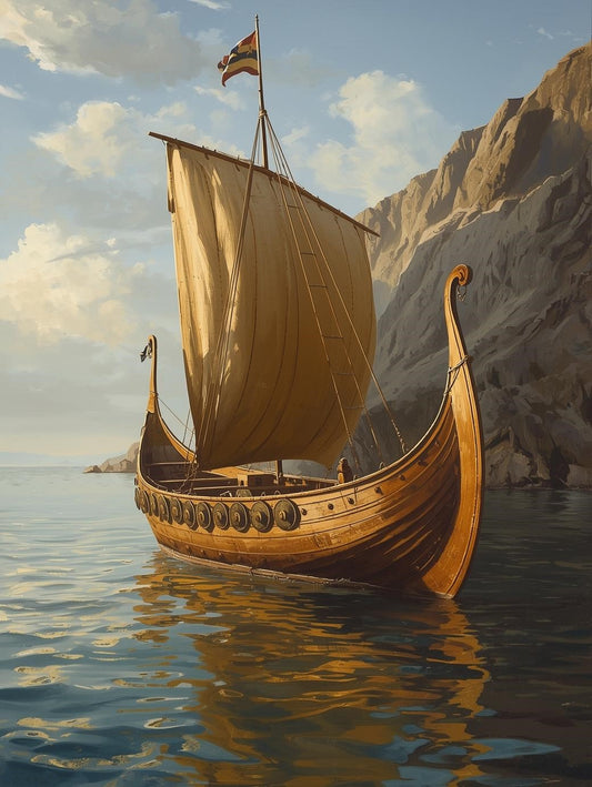Paint by Number Viking Longship Beneath the Coastal Cliffs – DIY Paint by Number Kit