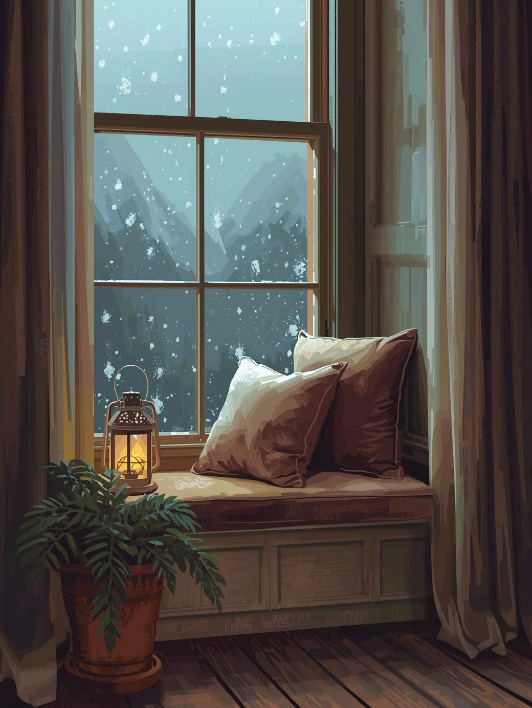 Paint by Number Winter Window Seat with Lantern and Snowfall – DIY Paint by Number Kit for Adults