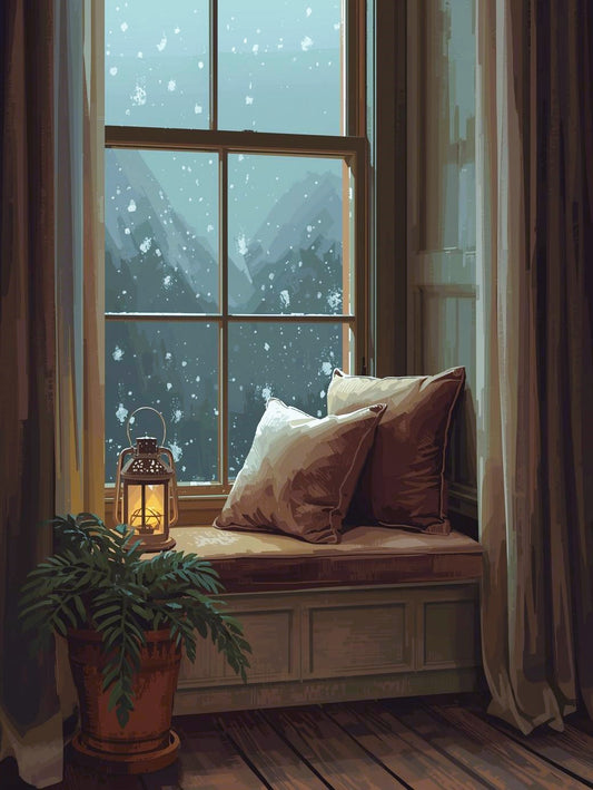Paint by Number Winter Window Seat with Lantern and Snowfall – DIY Paint by Number Kit for Adults