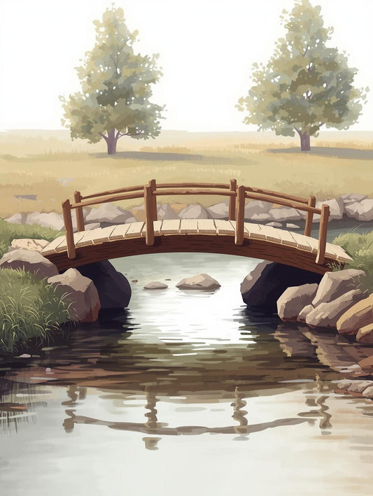 Paint by Number Rustic Wooden Bridge Over Stream – Beginner Friendly Paint by Number Kit