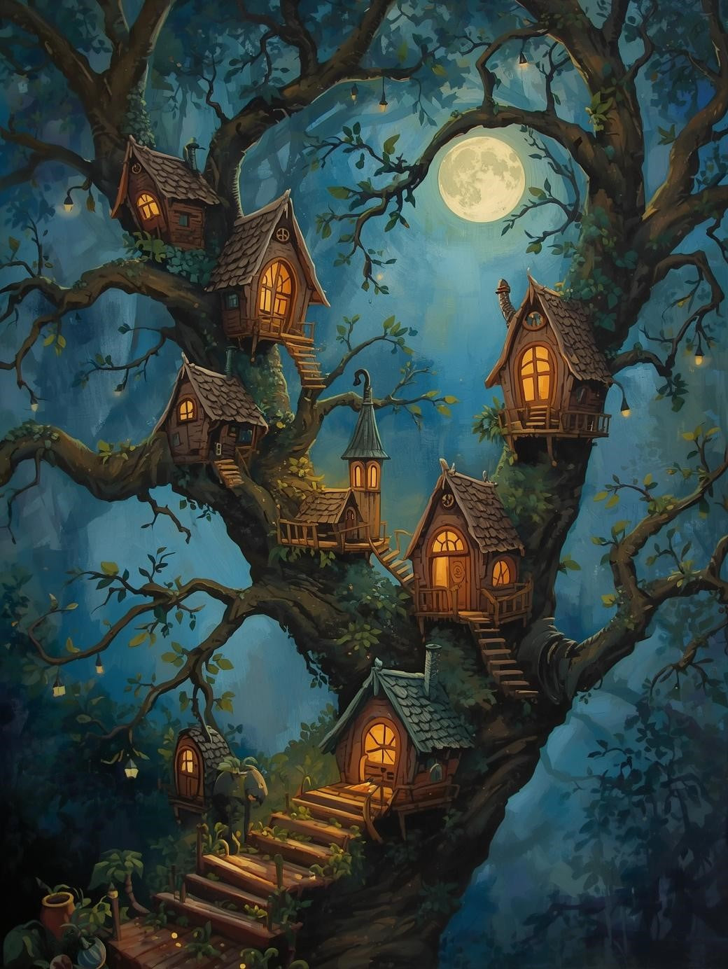 Paint by Number Moonlit Treehouse Village – Paint by Number Kit for Adults